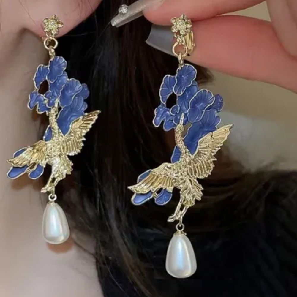 Free People Gold-tone Blue Floral Crane Drop Earrings with Pearl Teardrops